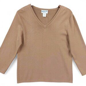 Pendleton Sweater Womens Sz L Brown V Neck 3/4 Sleeve Knit Office Chic Slimming